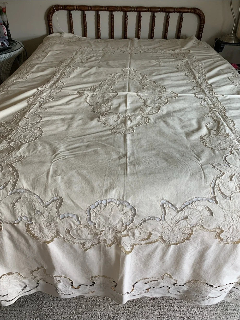 Vintage French Tablecloth or Bed Coverlet (shown on Queen bed) 104”x70” Pristine